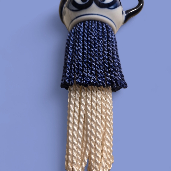 Vintage Teapot Tassel, Blue and White Porcelain, Fringed, 9" - Picture 3 of 3